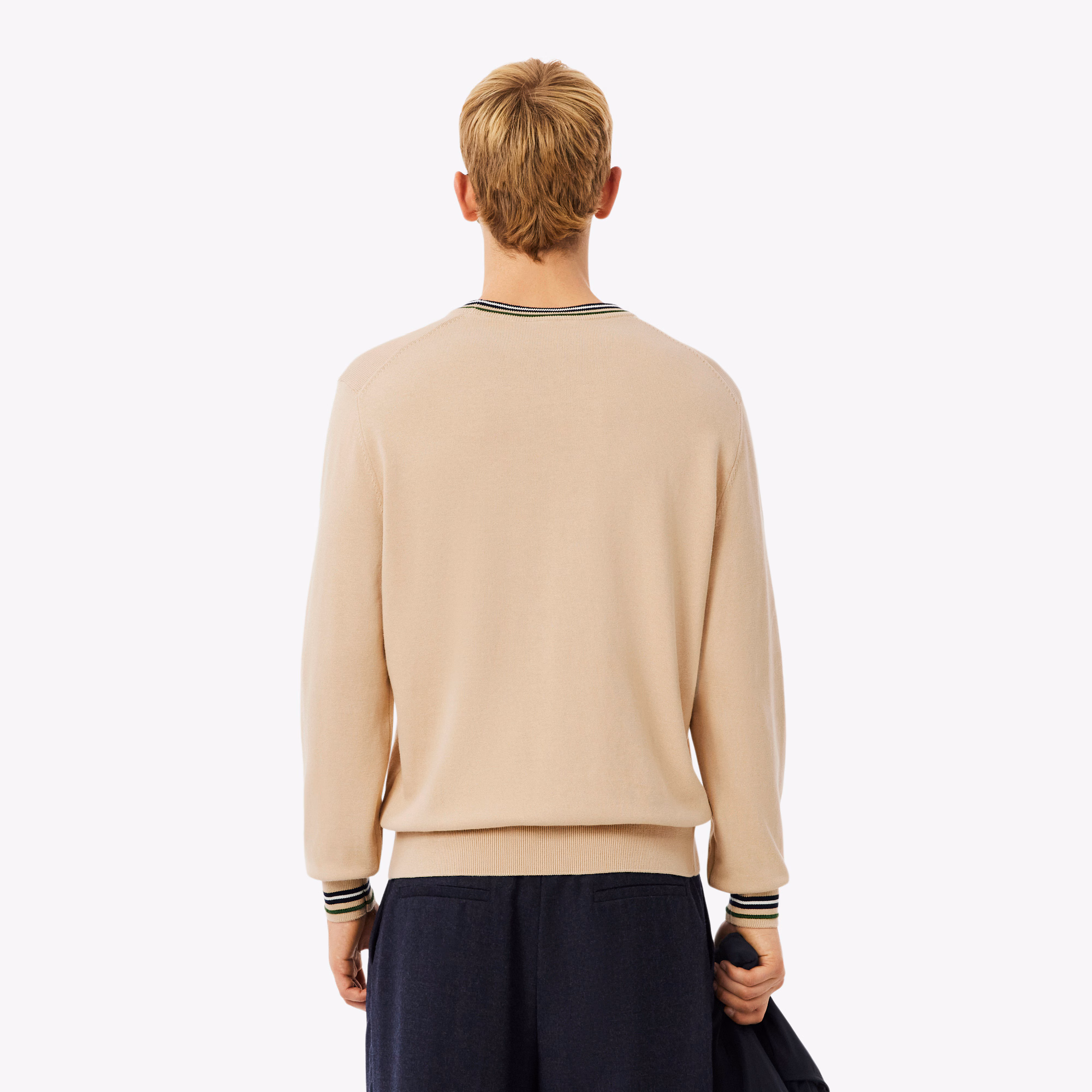 Lacoste AH5158 Stripe Neck Jumper - Beige/Navy - Image 2